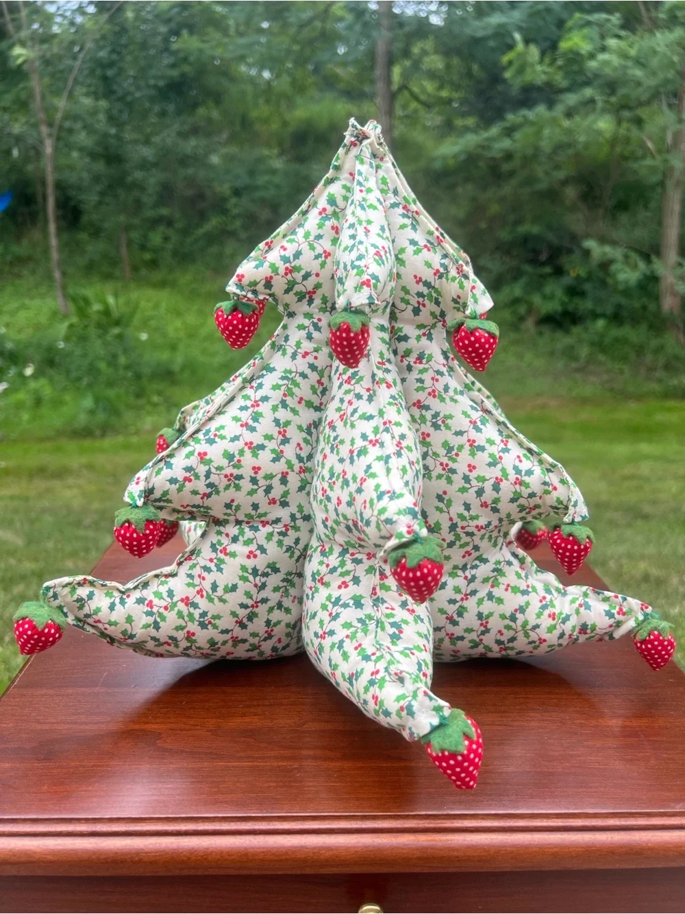 Vintage Kitsch 3D Stuffed Holly Berry Fabric Christmas Tree with Strawberries